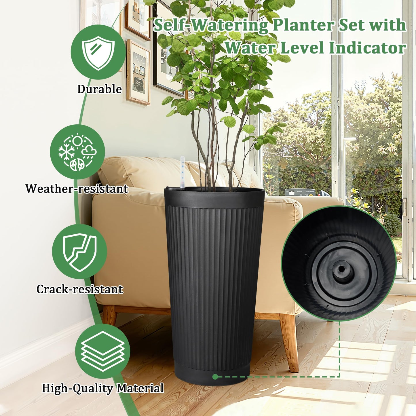 TUYOHW Self-Watering 24in Plastic Round Planter with Vertical Ribbed Design – Indoor Outdoor Flower Pot for Plants, Herbs, and Small Trees, Set of 2