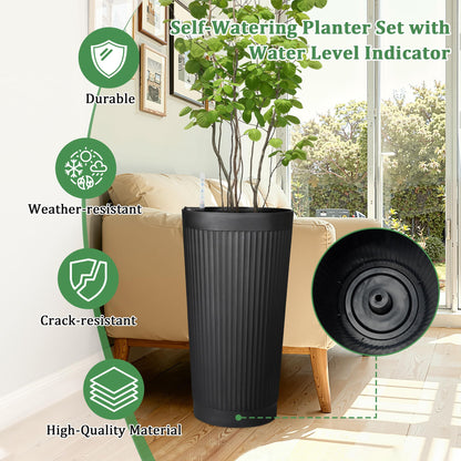 TUYOHW Self-Watering 24in Plastic Round Planter with Vertical Ribbed Design – Indoor Outdoor Flower Pot for Plants, Herbs, and Small Trees, Set of 2