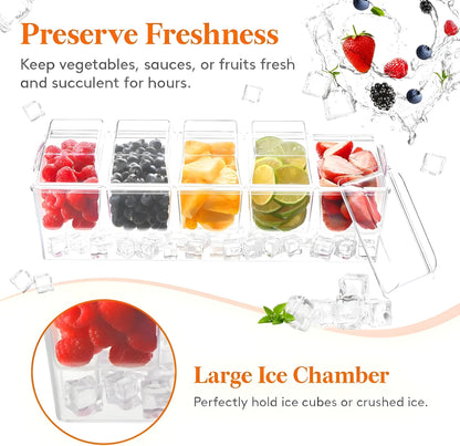 BLIVORRA 𝐋𝐚𝐫𝐠𝐞 Ice Chilled Condiment Containers with Lids with 5x 20oz (2.5 cup) Containers, Large Taco Bar Serving Set for a Party, Condiment Organizer with Removable Dishes│FREE ACCESSORIES│