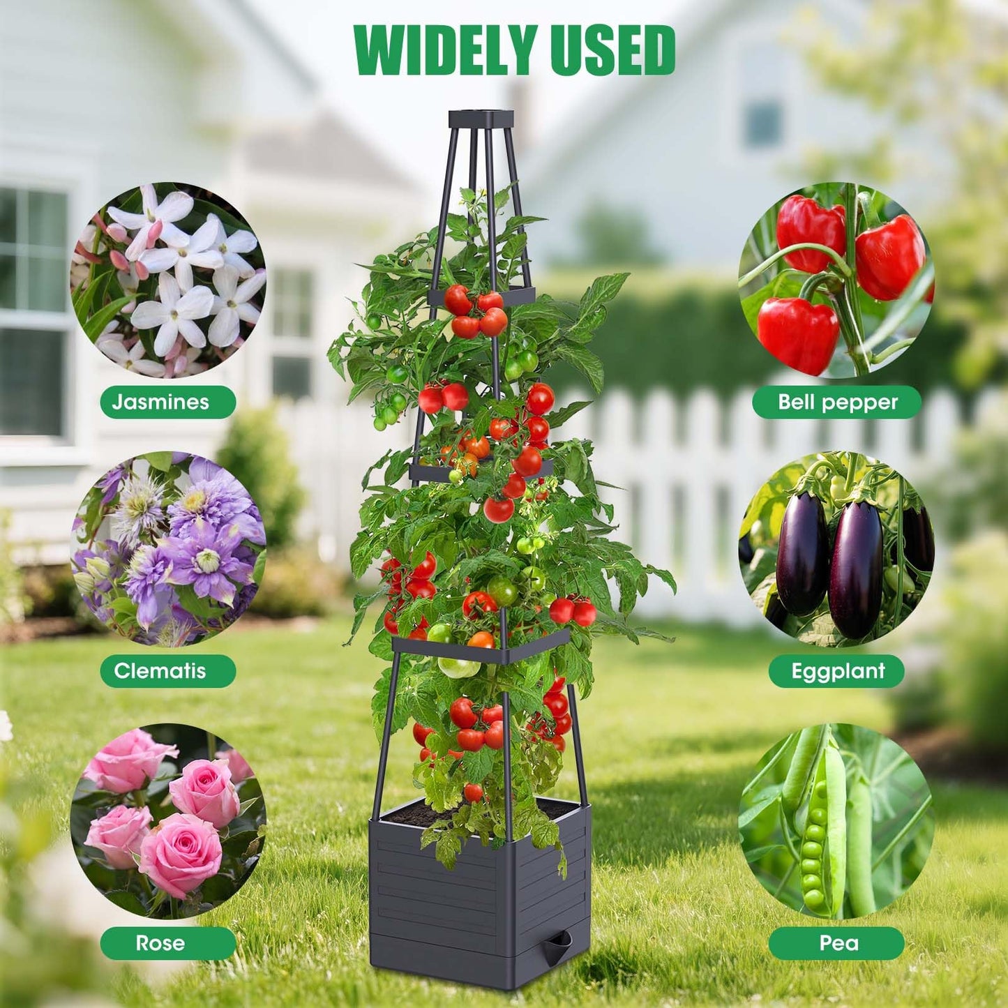 MQHUAYU 4 Pack Raised Garden Bed Planter Box with Trellis, 57" Self-Watering Tomato Cage Planters for Climbing Plants Vegetable Vine Flowers Outdoor & Indoor (57x9.8x9.8IN)