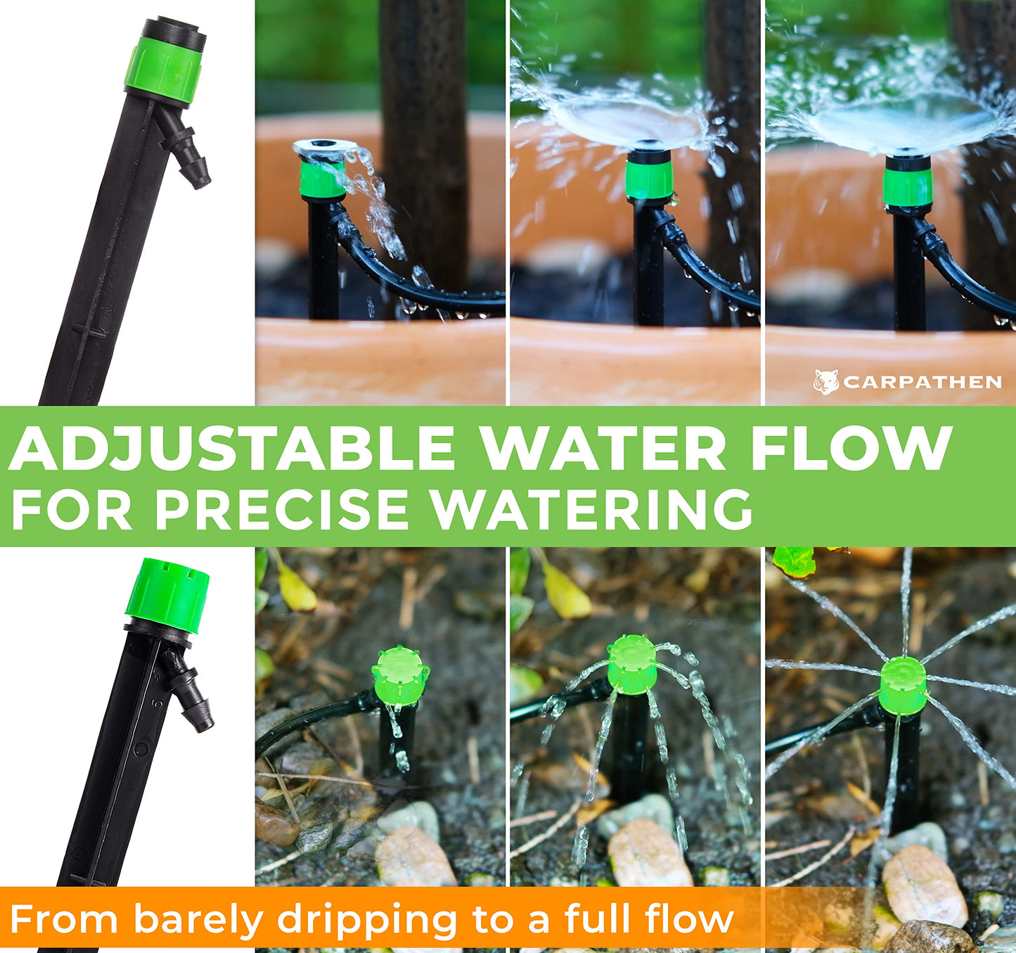 CARPATHEN 12pcs Drip Irrigation Emitters - Compatible with ¼ inch Drip Irrigation Tubing - 360 Degree Adjustable Flow Garden Irrigation Drippers for Drip Irrigation System - Spare Parts Included