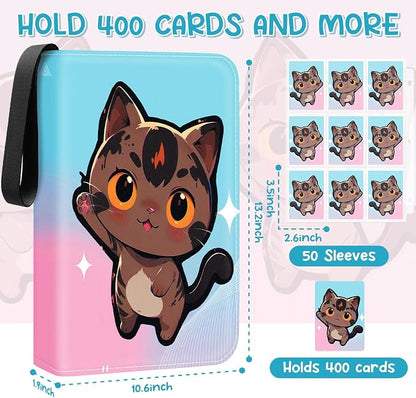 Premium 4 Pocket Trading Card Binder,400 Capacity with 50 Removable Sleeves | PU Leather Zipper Album Book for Sports Cards, Game | Card Storage & Organization for Girls Collector Pink Blue