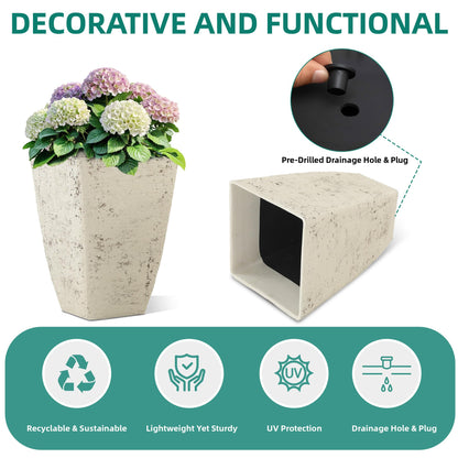 Autodaya 19" Plant Pots Tall Planters for Plants Outdoor Set of 2 Large Square Flower Pots Indoor Front Porch Decor Garden Pot with Drainage Hole Handmade Birch Bark Texture for Patio, Country White