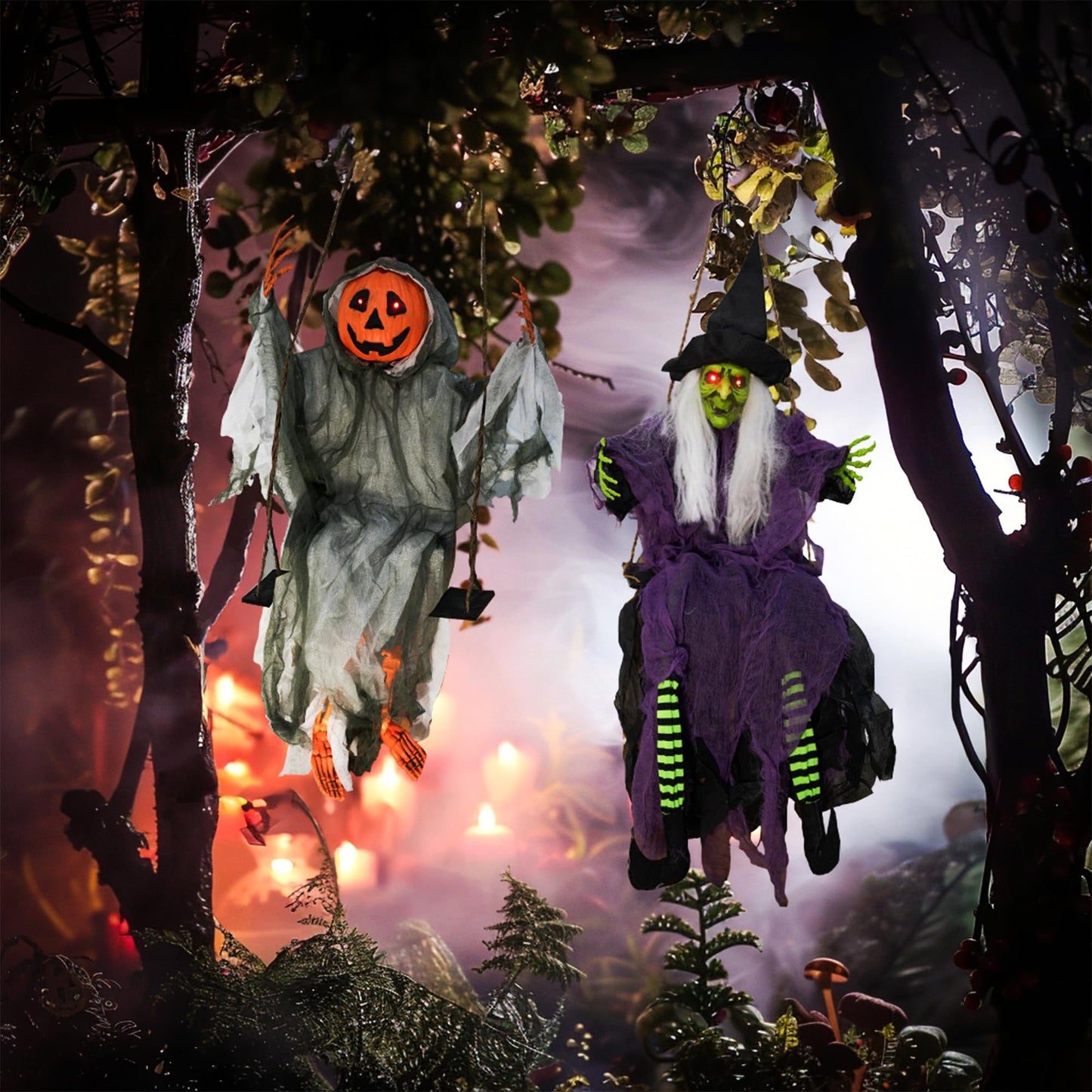 Hourleey 2 Pack Halloween Decorations Outdoor, Swinging 3.6ft Witch and Hanging 4ft Pumpkin Ghost with Lighted Eyes for Haunted House Prop Décor, Halloween Indoor
