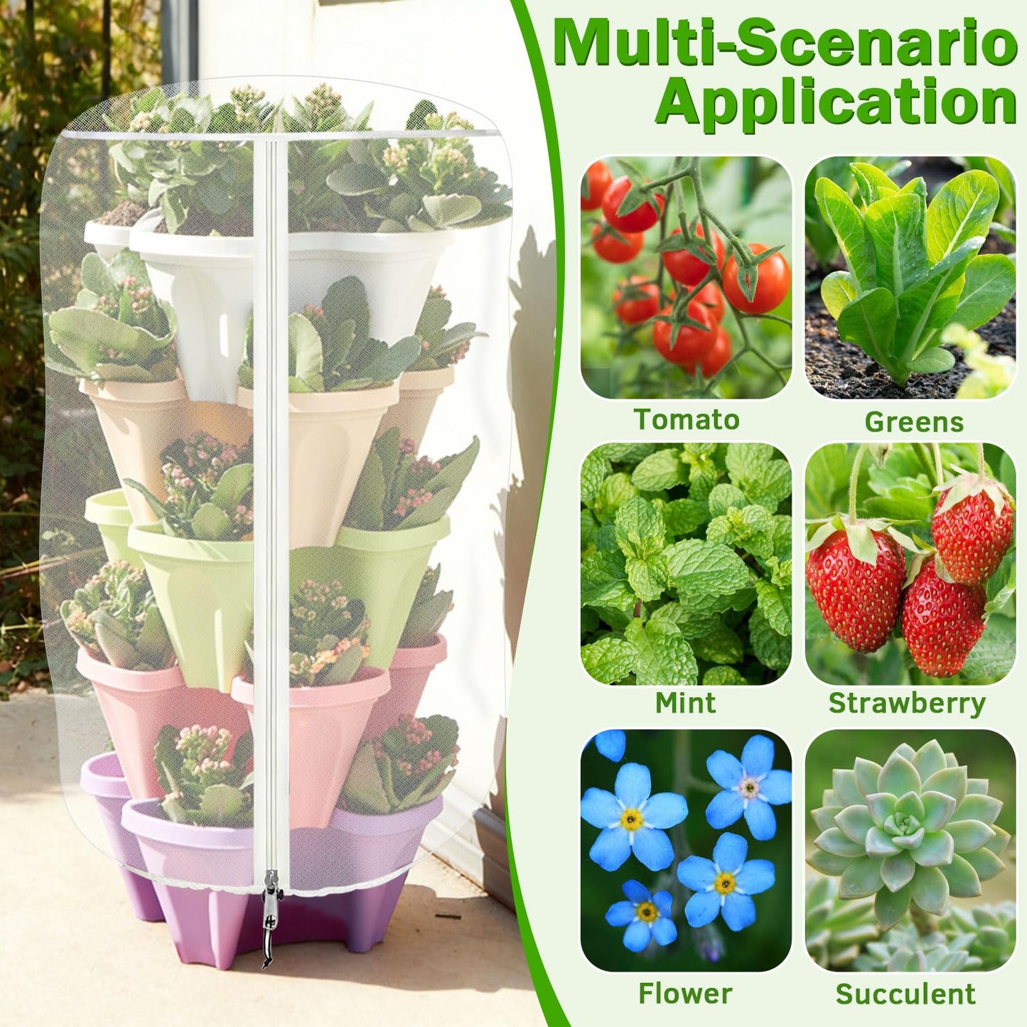 2 Pack Garden Vertical Planter Pot Insect Bird Netting,39.4" x 20" Stackable 5 Tier Strawberry Planter Pot Garden Mesh Plant Cover with Zipper for Outdoor Strawberry Herb Flower Protection