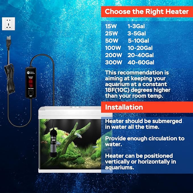 AquaMiracle 15W Small Aquarium Heater Fish Heater, Super Mini Fish Tank Heater Turtle Tank Heater for 1-3 Gal Tanks, with Dual LED Display, Dry-Run/Overheating Protection & Memory Function