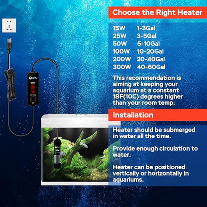 AquaMiracle 15W Small Aquarium Heater Fish Heater, Super Mini Fish Tank Heater Turtle Tank Heater for 1-3 Gal Tanks, with Dual LED Display, Dry-Run/Overheating Protection & Memory Function