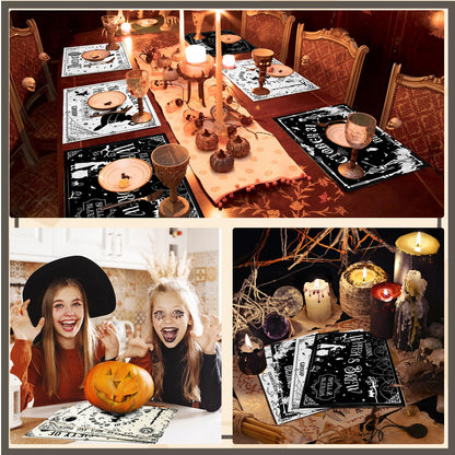 Umigy 6 Pcs Halloween Placemats 12"x18" Gothic Bat Placemats Kitchen Decoration Washable Witch Place Mats Rectangle Skull Table Mats for Halloween Dining Table Accessories(Black White Character Style)