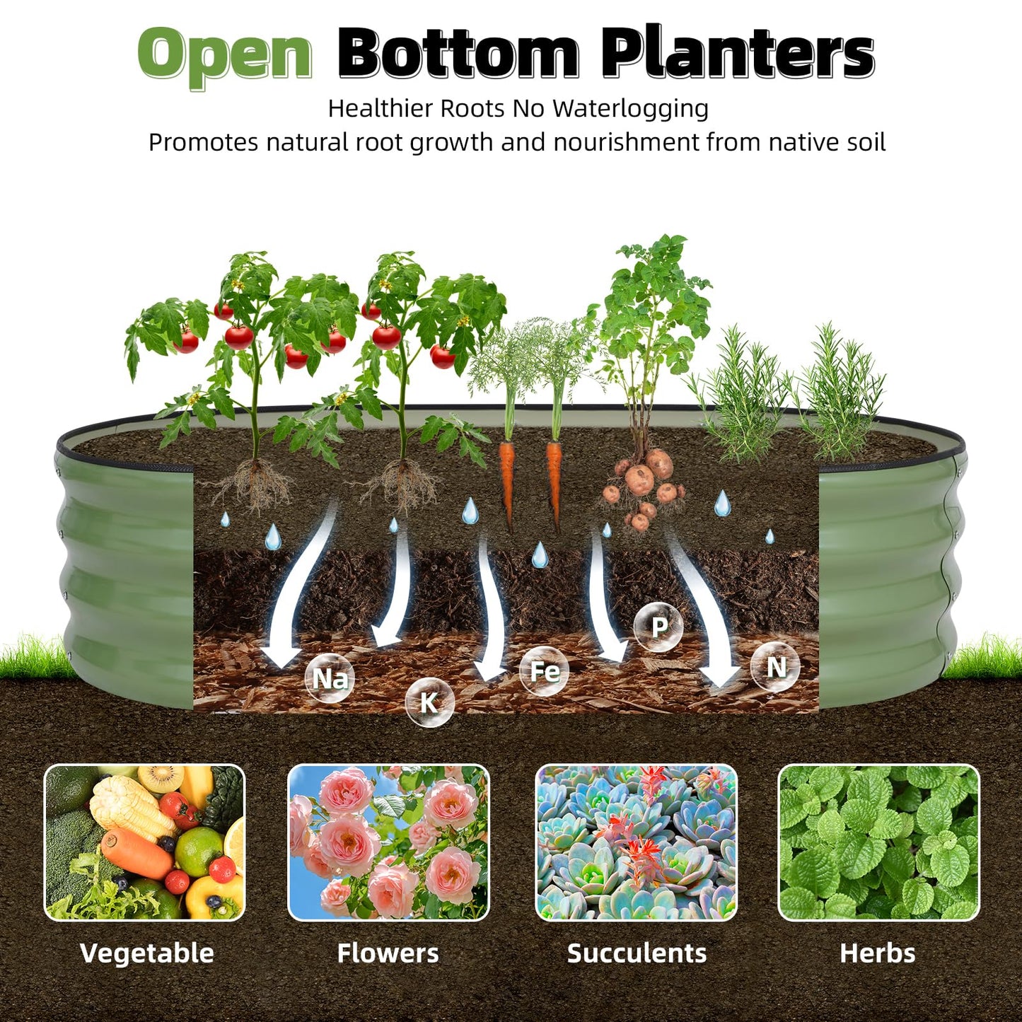G GOOD GAIN Galvanized Metal Raised Garden Bed Kit - 4x2x1FT Outdoor Planter Box with Safety Edging and Gloves for Vegetables, Fruits, Flowers(Olive Green, 3PC)