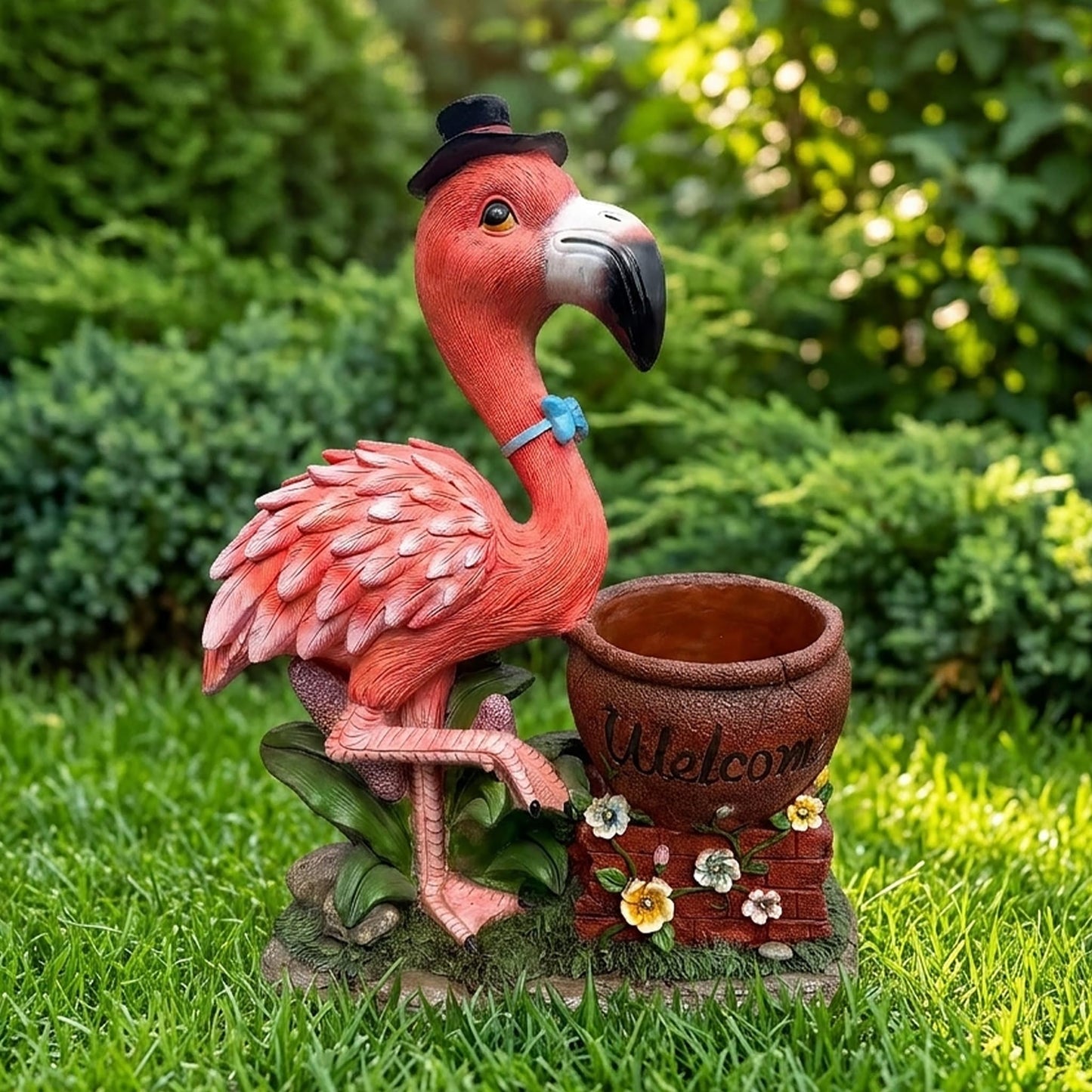 elesculor Flamingo Planter, Outdoor Welcome Sign Animal Flower Pot, Large Standing Bird Statue Yard Art Decor for Garden Patio and Front Porch - Top Hat