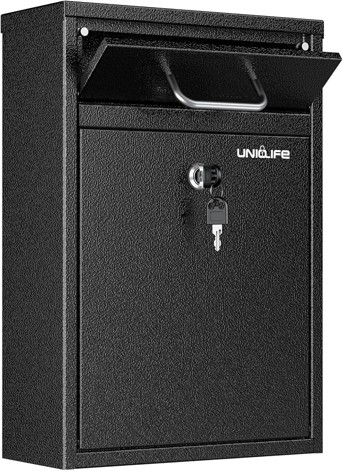 Uniclife Wall Mount Mailbox for Outside, Anti-Theft Heavy Duty Locking Mailbox, Large Mailbox with Key Lock, Security Mail Box, Safe Key Drop Box, Post Box, Steel Cash Drop Box for Home Office, Black