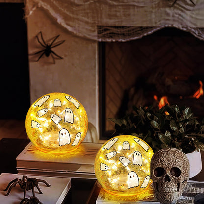 Tujoe 2 Pcs Halloween Decorations Indoor 4" Ghost Crackle Glass Globe Ball Lamp Night Lights with LED Timer Battery Operated Lighted Decorative Tabletop Decor for Table Home Centerpiece Party Gift