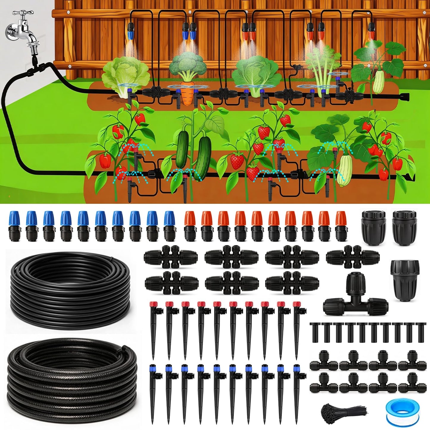 Drip Irrigation System,248FT Automatic Garden Watering System with 1/2" & 1/4" Fast-Lock Tubing Adjustable Nozzles & Sprinklers,Quick-Connect Drip Irrigation System Kit for Garden,Lawn,Potted Plants