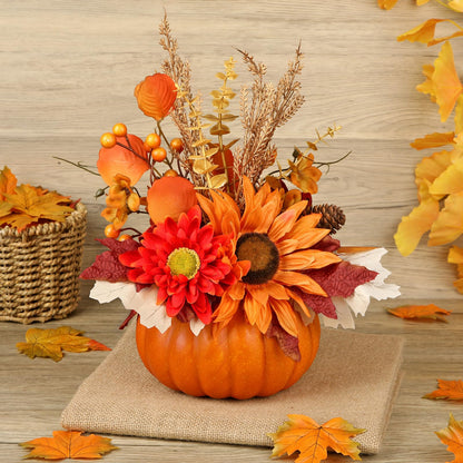 Arborus Artificial Pumpkin Fall Décor - Autumn Table Centerpieces with Red Faux Flowers, Maple Leaves, Sunflowers, Pumpkin – Halloween, Thanksgiving & Harvest Home Decoration