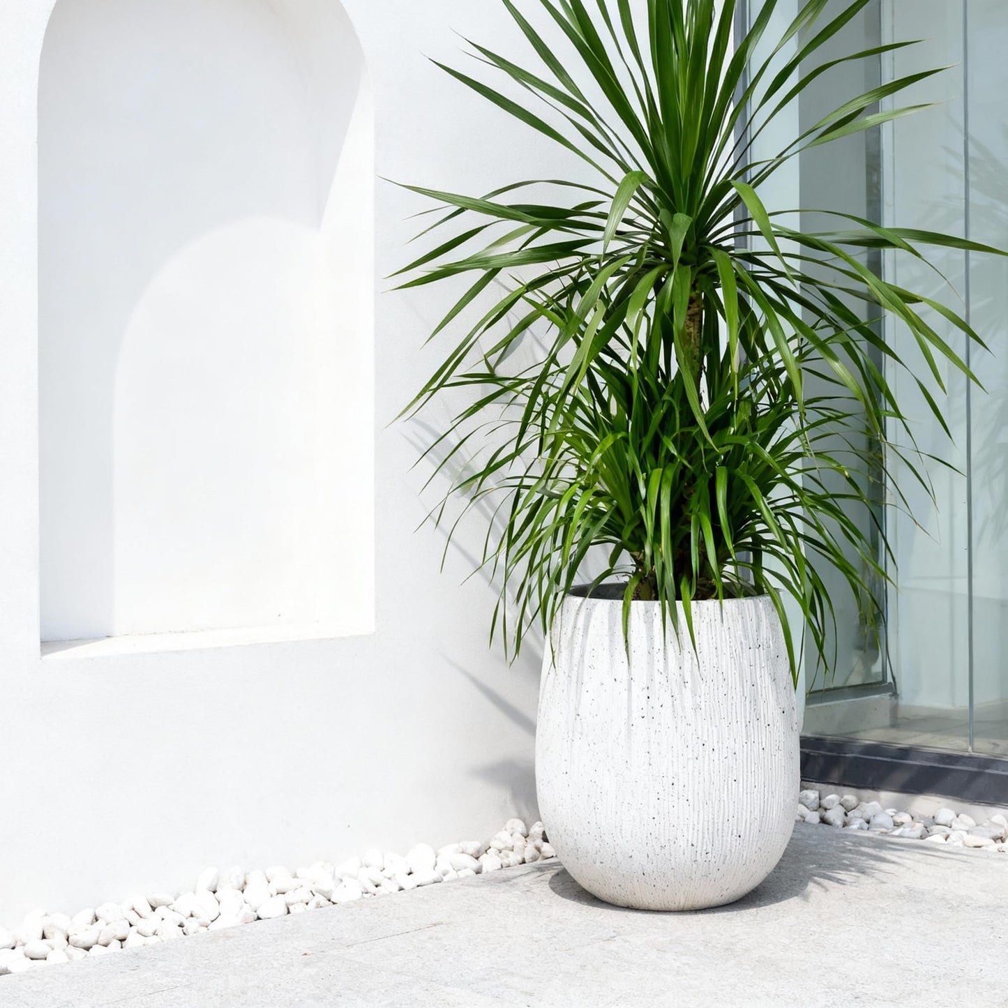 Worth Garden White Large Round Planter, 12.5" Dia x 18.5" H Lightweight Magnesium Oxide Cement Plant Pot with a Striped Textured Finish, Raised Pattern Concrete Look, Drainage Hole, Indoor & Outdoor