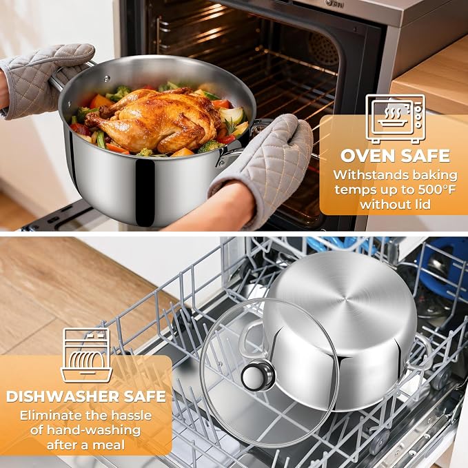 Tri-Ply Stainless Steel Stock Pot, 20 Quart Heavy Duty Induction Cooking Pot with Visible Lid for Pasta, Soup, Spaghetti, Sturdy & Double Handle, Dishwasher Safe
