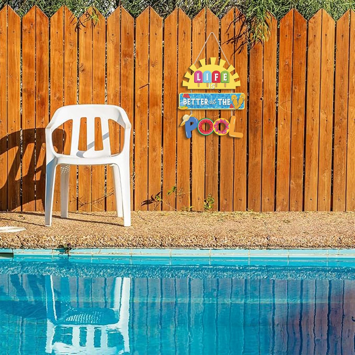 HOURIA Life is Better at The Pool Wood Hanging Sign,11.8 * 13.9 Inch Summer Sunshine Popsicle Swimming Pool Decor,Funny Pool Decorations for Outdoor Beach Party