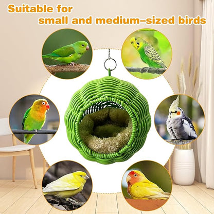 Rattan Birds Nest for Cage Hanging Parakeet House Chewproof Parrot Breeding Bed Small Budgies Hideout Swing Hut Bird Cage Accessories for Lovebirds Cockatiel Conure Finch Canary (Green)