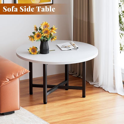 Coffee Table, 23.6" Small Coffee Tables, Gray Round Coffee Tables for Living Room, Floor Table for Sitting on The Floor, Center Coffee Table with Metal Frame for Office Apartment Home, White