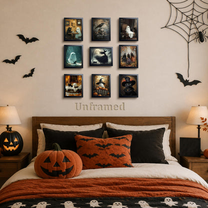 XYHYRA Halloween Wall Art Canvas Prints Set of 9, Dark Academia Wall Decor Painting, Ghost Cat Printed Poster, Gothic Spooky Aesthetic Picture for Gallery Living Room Bedroom Decor 8x10 inch Unframed