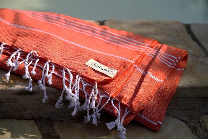 Bersuse Towels Anatolia XL Beach Blanket Throw Blanket Turkish Towel 100% Cotton Extra-Large Quick-Dry Lightweight Premium Peshtemal Towel - 61x82 Inches, Dark Orange (Set of 6)