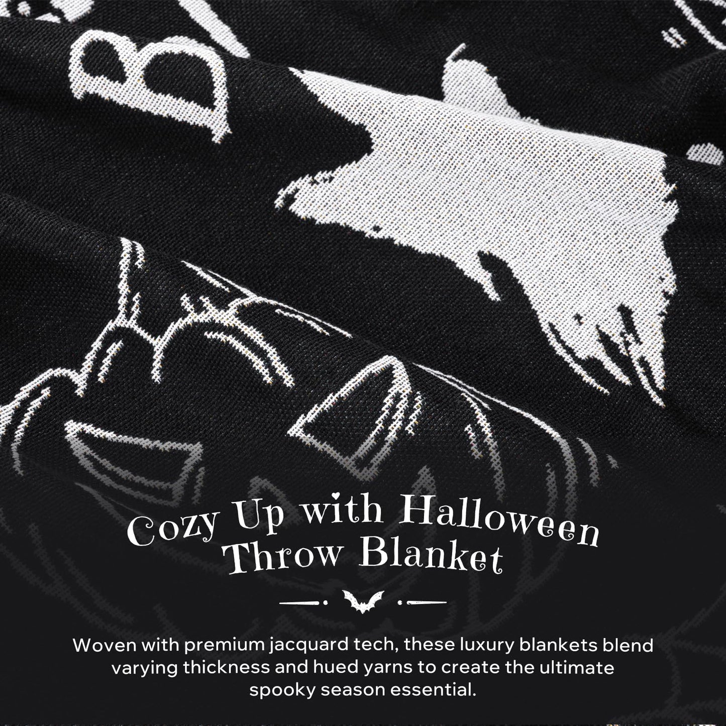 Phantoscope Happy Halloween Blanket, Soft Jacquard Knitted Throw Blanket with Tassel, Warm Cozy Blanket with Skeleton Bat Ghost for Couch Living Room Bedroom, Black, 50 x 60 inches