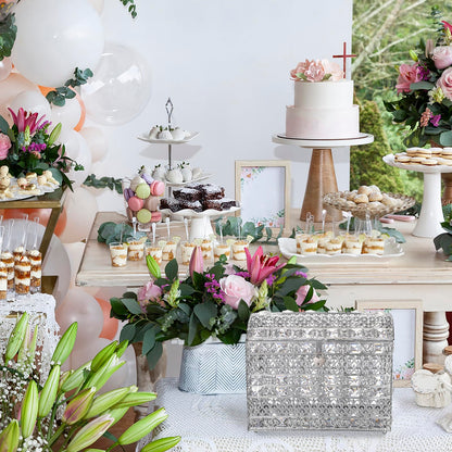 JUXYES Silver Sparkle Crystal Wedding Card Box With Lid for Reception, Gorgeous Treasure Chest Style Keepsake Envelope Box 12 Inches Large Card Receiving Box for Wedding, Reception, Birthday Party