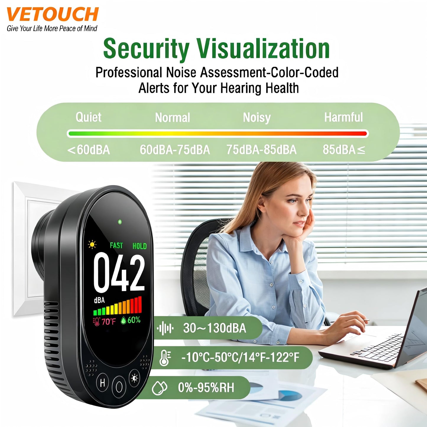 VETOUCH Plug-in Noise Meter Digital Sound Level, 3 in 1 Decibel Meter with Temp Humidity, 30-130dB Portable SPL, AC Powered, Data Hold, Max Min, Fast/Slow, 1.83" LCD, Meter for Home RV