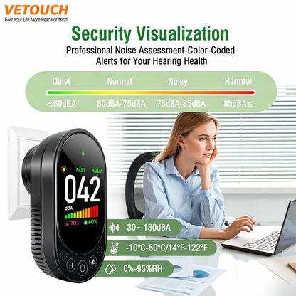 VETOUCH Plug-in Noise Meter Digital Sound Level, 3 in 1 Decibel Meter with Temp Humidity, 30-130dB Portable SPL, AC Powered, Data Hold, Max Min, Fast/Slow, 1.83" LCD, Meter for Home RV