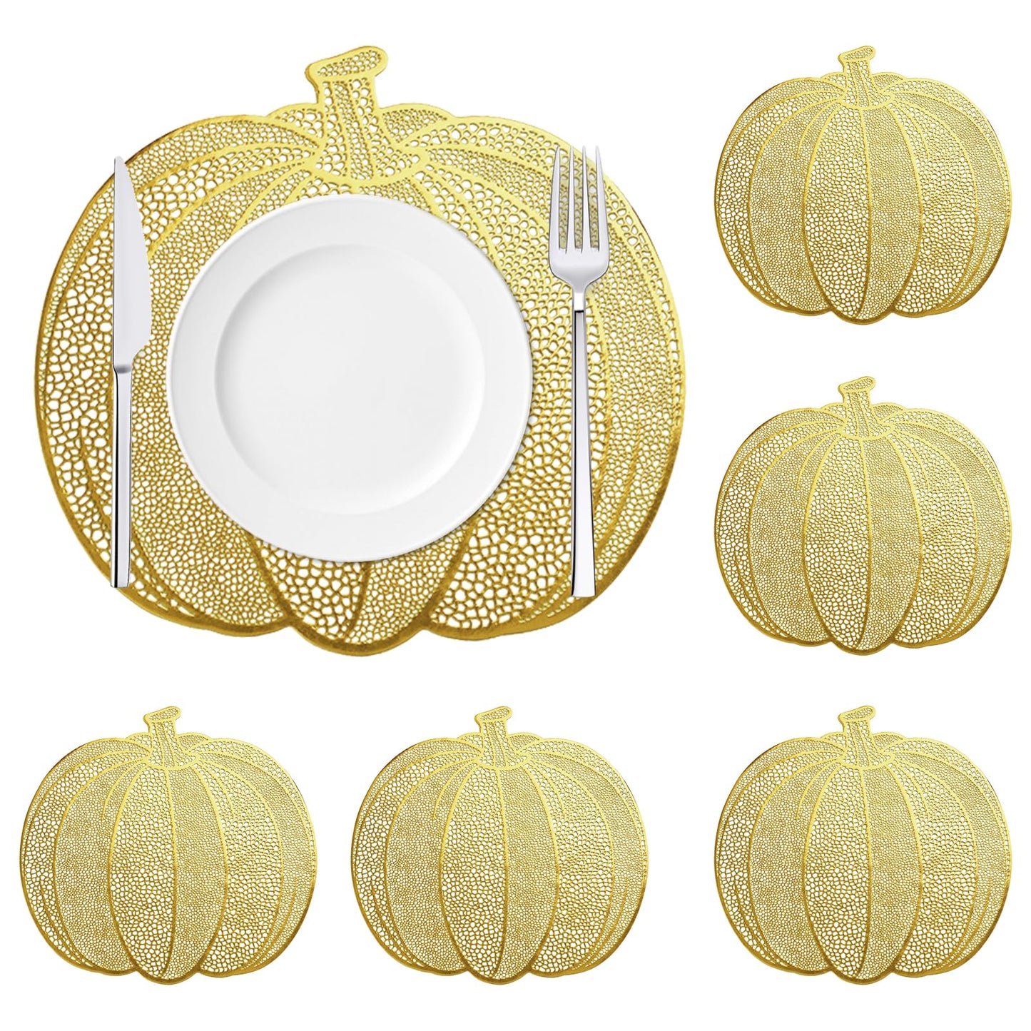 Pumpkin Placemats Set of 6, Gold Harvest Placemats Fall Thanksgiving Placemats Table Mats for Thanksgiving,Halloween and Party Table Decorations 15X15inch