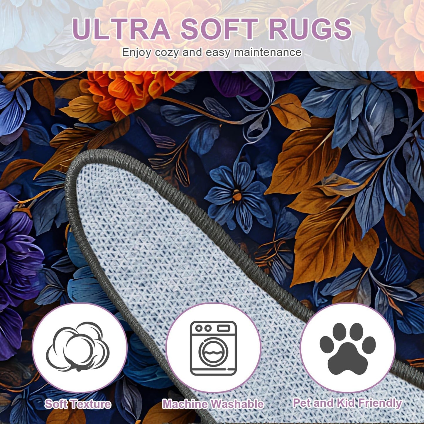 Floral Sugar Skull 2x3 Entryway Rug, Day of the Dead Mexican Small Accent Rug, Washable Low-Pile Welcome Mat for Front Door, Gothic Blue Skull Area Rug for Bedroom, Office, Halloween Home Decor
