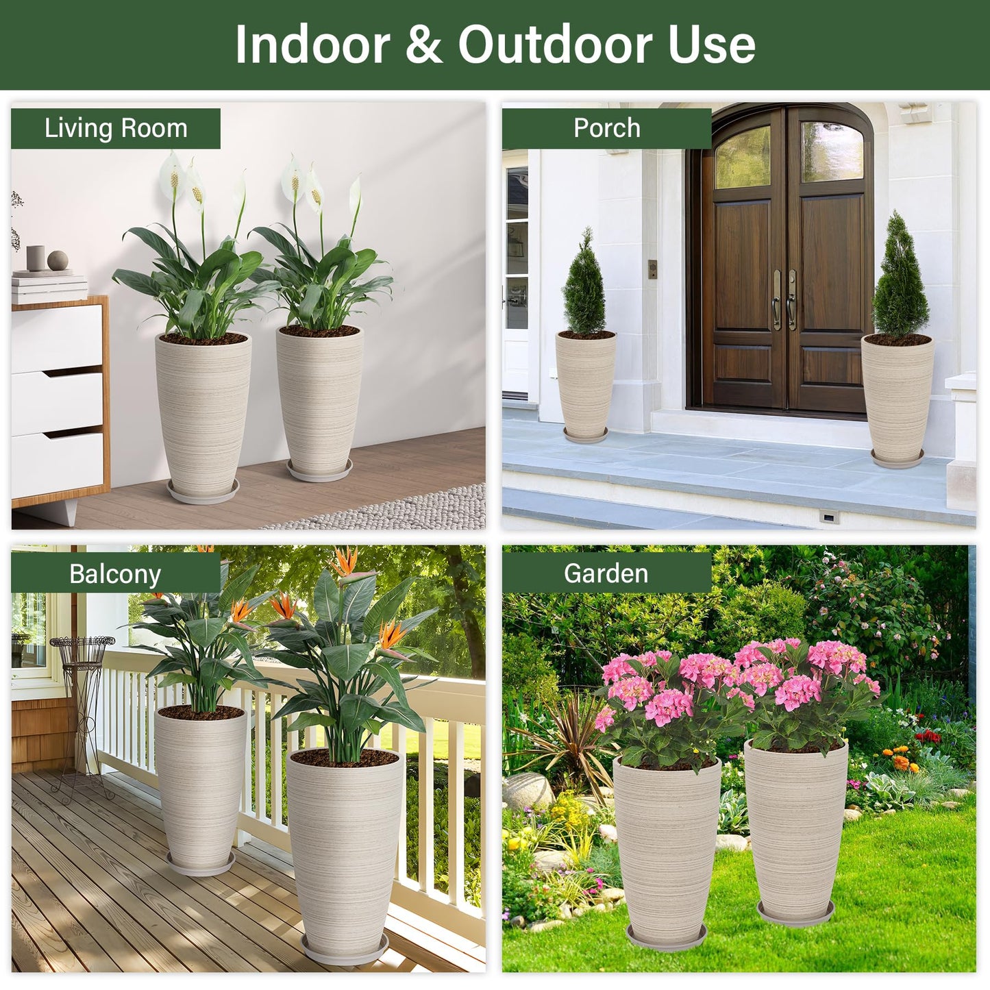Neoaider Set of 2 Tall Planter, 21 inch Large Plastic Planter with Drain Hole & Saucers, Large Outdoor Planters for Porch, Garden, Patio, Balcony(Oat Color)