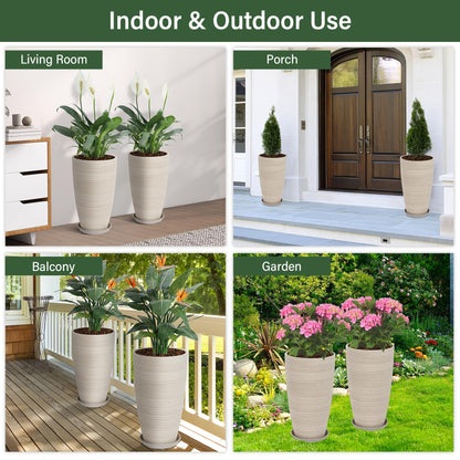 Neoaider Set of 2 Tall Planter, 21 inch Large Plastic Planter with Drain Hole & Saucers, Large Outdoor Planters for Porch, Garden, Patio, Balcony(Oat Color)