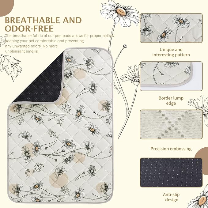 IEUUMLER Washable Pee Pads for Dogs, 1 Pack Non-Slip & Waterproof Pack Whelping Pad, Reusable Washable Puppy Potty Training Pad with Fast Absorbent for Playpen EU007 (Beige Daisy, 48"X48"-1pcs)