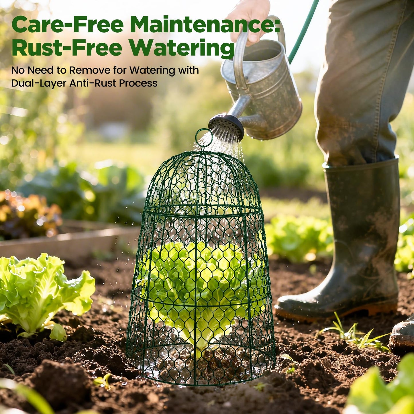 12 Pack XL Metal Garden Cloches for Plants, 17" Height Rustproof Chicken Wire Cloches for Seedlings, Vegetables & Flowers, Plant Protectors from Animals Includes 12 Humidity Domes & 48 Stakes - Green