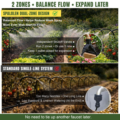 66FT Drip Irrigation System Kit Dual-Zone Garden Atomizing Watering System with 20 Copper 360° Adjustable Bendable Nozzles, Y-Splitter, Leak-Proof 1/4" Misting System for Garden Greenhouse Raised Beds