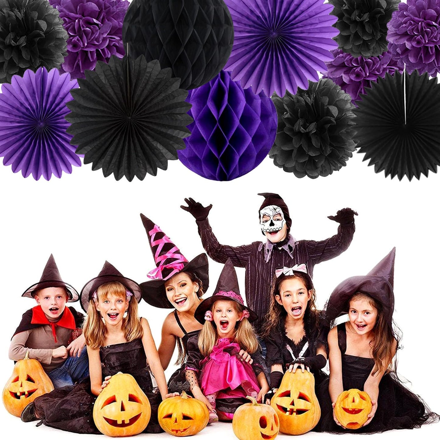 Purple Black Happy-Halloween Party Decorations - 13PCS Spider Web Bats Streamers Banner ,Paper Flowers Lanterns Tissue Pom Poms Fans, Classroom Birthday Bachelorette Hanging Supplies Decor Hugfond