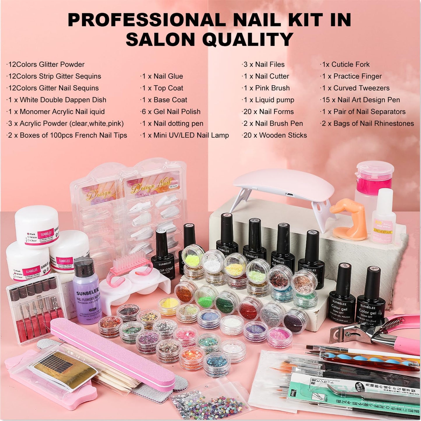 Nail Kit Set Professional Acrylic with Everything, 12 Glitter Acrylic Powder Kit Nails Art Tips Decoration, DIY Nail Art Tool and Supplies for Beginners