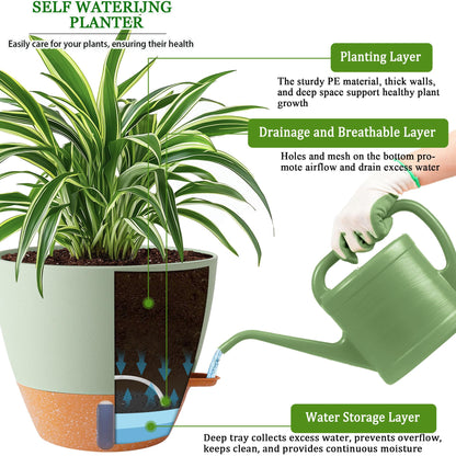 Fielda 6 Inch Self Watering Pots for Indoor Plants (5-Pack) & 2 Pack 10 inch Plant Pots,Plastic Planters with Drainage Holes, Deep Reservoir, Water Level Indicator, Modern Decorative Flower Pot
