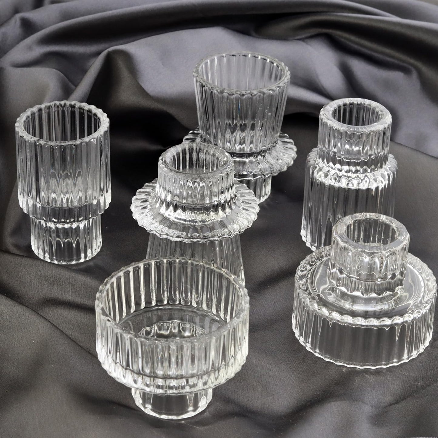 SYFURNIX Clear Candlestick Holders 12PCS Ribbed Glass Taper Candle Holders for Tealight Stick Candles Table Centerpieces Thanksgiving Christmas Indoor and Outdoor Decorations