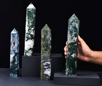 AMOYSTONE Extra Large Healing Crystal Obelisk Towers Moss Agate Point Wand Home Decor Reiki Healing 4.4-4.8LBS
