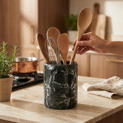 Radicaln Marble Utensil Holder 6.5" Inches Black Handmade Spatula Set for Kitchen Counter, Cooking Utensils Jar & Kitchen Essentials Organizer, Ideal Utensil Caddy & Spoons Holder