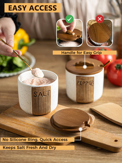 YHOJOY Salt Container for Countertop, Ceramic Salt Cellar with Lid and Spoons, 10 OZ Salt Bowl Holder for Mother's Day, White