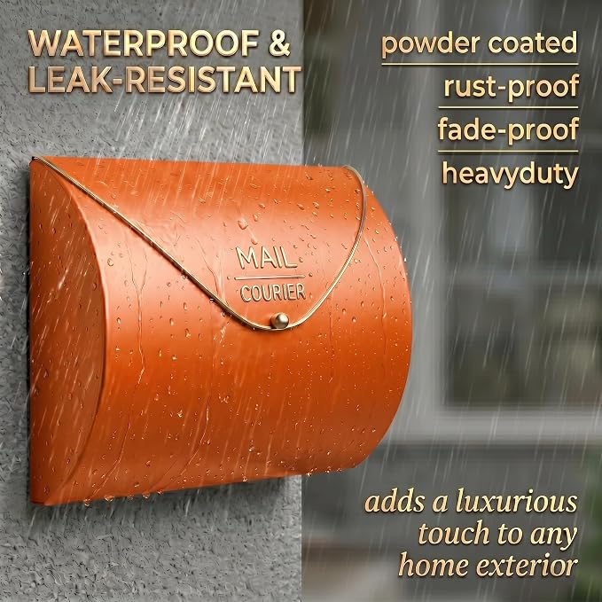 Orange Wall Mount Mailbox for Outside,Waterproof Metal Mailboxes with Rust-Proof Galvanized Steel,Large Capacity Envelope Mailbox for House,12.99 x 10.35 x 3.5 Inch
