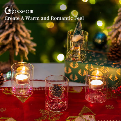 Glasseam Glass Tealight Candle Holder: Small Hurricane Cylinder Votive Holder Set of 6 Modern Table Centerpiece Wedding Christmas Party Decorations, 3.15