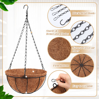 Dandat 12 Pack Hanging Planter Basket Outdoor Large Hanging Flower Pots Indoor 10 inch with Coco Coir Liner Round Wire Plant Holder Chain Basket Garden for Home Decor Balcony Office