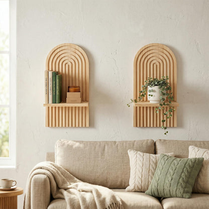 Boho Wall Decor Floating Shelves Set of 2 - Natural Wood Arched Wall Shelf for Modern Minimalist Decor, Rustic Hanging Shelves for Living Room, Bedroom, Bathroom