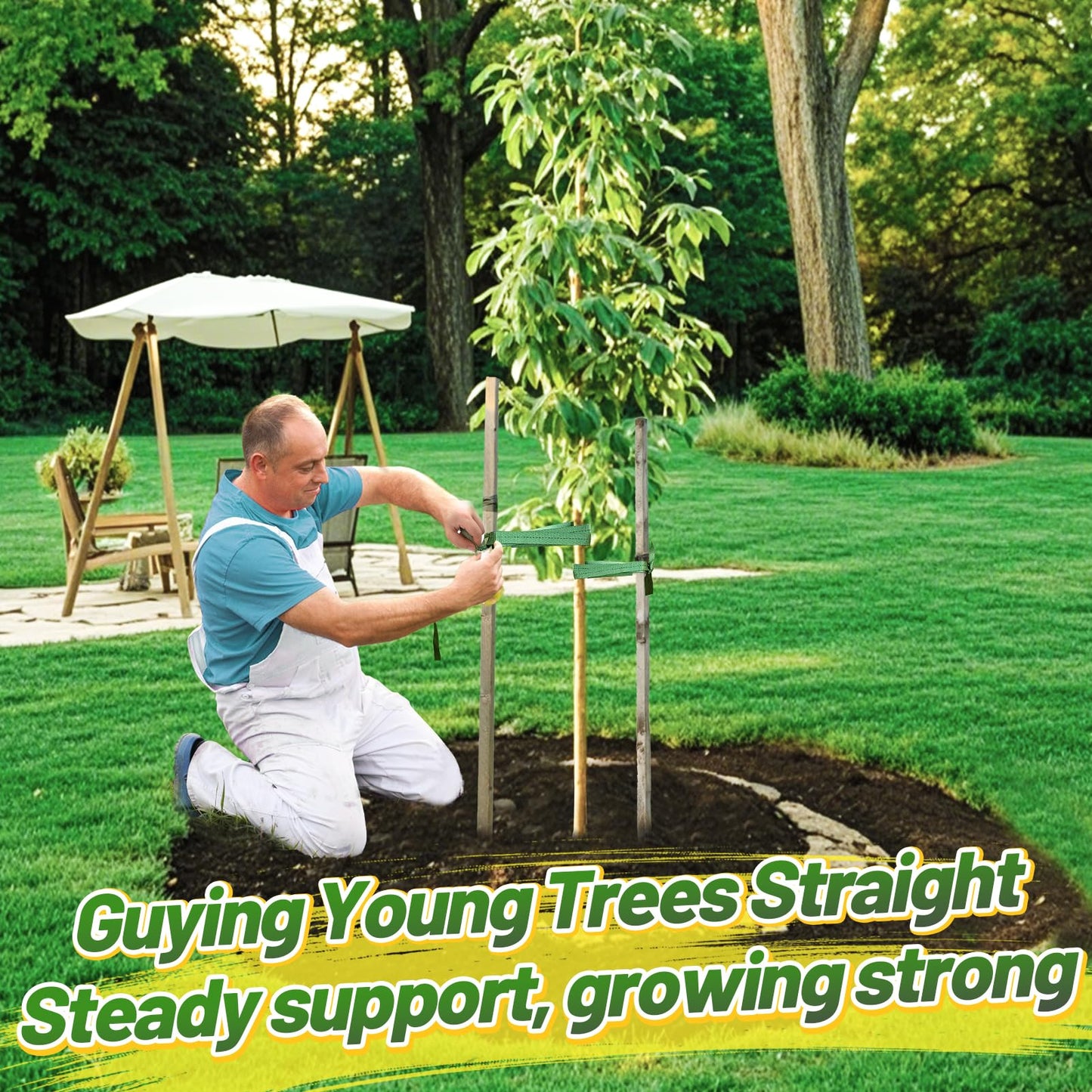 2,425 Lbs Strength Tree Straps - 216FT Tree Tie Support Straps for Staking, Green Blend in with Landscaping for Guying Young Trees Straight and Storm Protection, for Outdoor Plants, 1" Wide