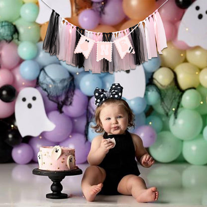 Spooky One High Chair Banner - Halloween Spooky Highchair Banner 1st Birthday, Little Ghost Halloween First Birthday Party Decorations for Cake Smash, Photo Props