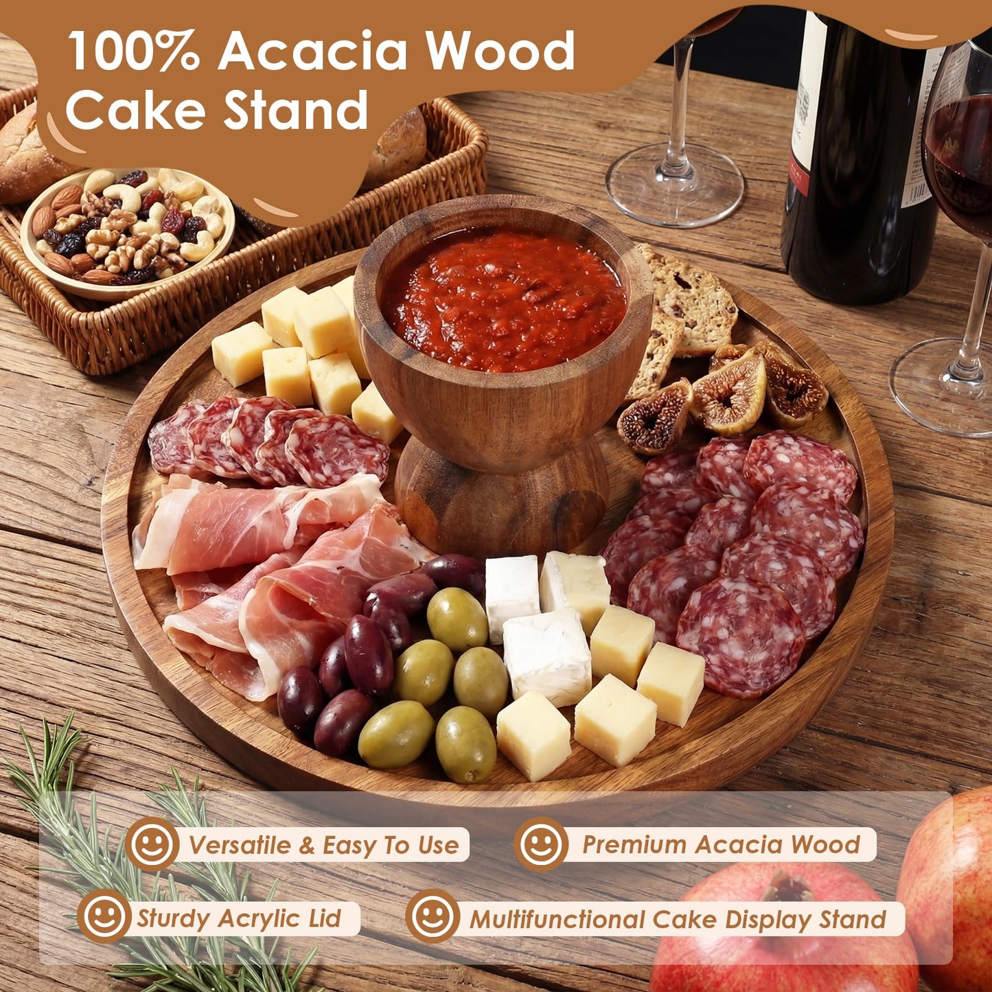 5 Pcs Wooden Dessert Table Display Set,Acacia Wood Cake Stand with Dome Lid,2 Pcs 3-Tier Dessert Display Stands and 2 Serving Trays Hosting Essential for Wedding Birthday Party Baby Shower Christmas
